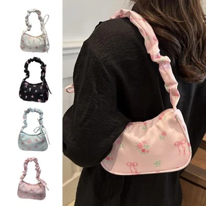 Women's Pleated Handlebags Armpit Bag Floral Bow Printed Tote Bag Shoulder Bag * - Picture 1 of 13