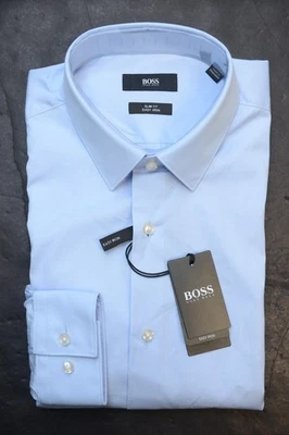 HUGO BOSS Hombre Isko Fácil Hierro Ajustado Azul Pastel Algodón Camisa 41 16 - Imagen 1 de 4