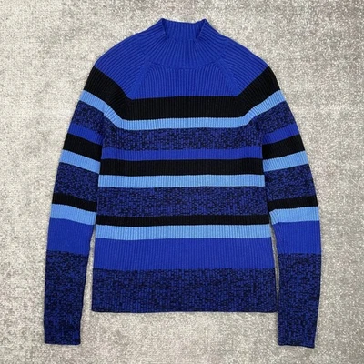 Studio Works Sweater Womens PM Blue Striped Mockneck Ribbed Knit 100% Cotton - Image 1 of 4