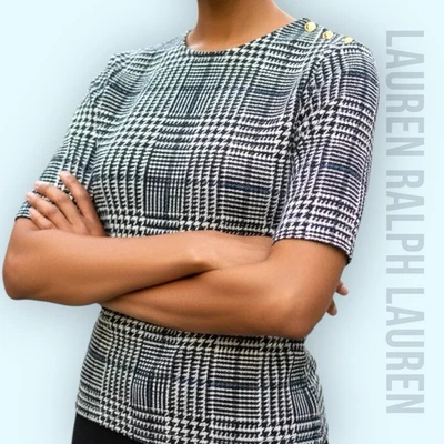 Camiseta Top Lauren Ralph Lauren Para Mujer Mediana Negra Blanca Azul Pata de Gallo Elastizada Foto 1 de 4