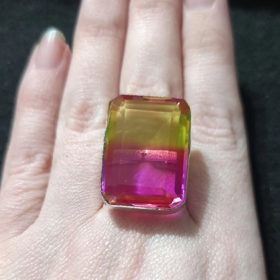 Anillo llamativo rectángulo de piedras preciosas ametrinas bicolor rosa amarillo plateado Foto 1 de 4