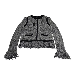 NEW BCBG MaxAzria Gray & Black Fringe Tweed Zip-Up Jacket Size M Wool STR4D007 - Picture 1 of 8
