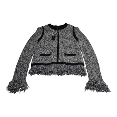 NEW BCBG MaxAzria Gray & Black Fringe Tweed Zip-Up Jacket Size M Wool STR4D007 - Image 1 of 4