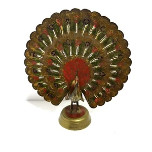 Vintage Indian Engraved 7” Painted Brass Peacock Figurine Antique - Picture 1 of 5