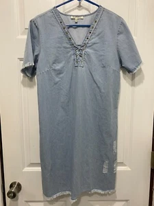 Women's 100% Cotton Denim Dress Size L Distressed Frayed Hem Western Festival - Picture 1 of 8