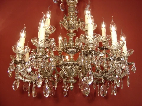 LARGE SILVER NICKEL CRYSTAL CHANDELIER BRASS LAMP LIVING ROOM 18 LIGHT  32" 2x Cover