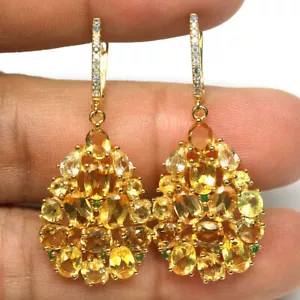 Gemstone Yellow Citrine, Tsavorite Garnet & Sapphire Earrings 925 Silver - Picture 1 of 4
