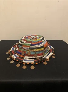 African Beaded Hat Bowl with Hanging Metal Disc Accents - Picture 1 of 9