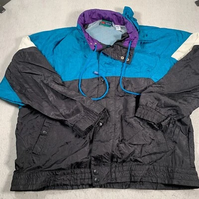 Chaqueta Deportiva Claybrooke Adulto Mediana Negra Azul Geométrica Nylon Chándal Años 90 80 Foto 1 de 4