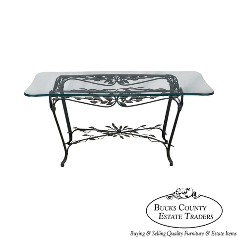 Ornate Leaf Design Iron Glass Top Sofa Table Console Cover