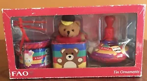 FAO Schwarz Christmas Ornaments Tin Toy Drum, Spinning Top Jack n Box 2010 NOS - Picture 1 of 5