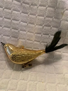 Blown Glass Gold Bird With Feather Tail Clip on Christmas ornament 6” - Picture 1 of 9