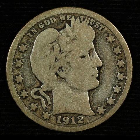 Barber Silver Quarter. 1912 S. VG Circulated. Lot # 9041-209-0212 Cover
