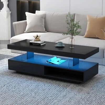 Wood LED Coffee Table w/Shelves & 2 Drawers High-Gloss Living Room Center Table - Image 1 of 4