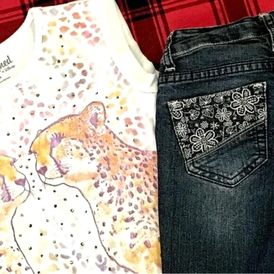 Cheetah leopard animal tee shirt top - denim skinny jeans - girl - school - 7 - Image 1 of 4