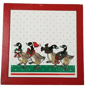 VTG 90s Christmas Trivet Goose 7x7 Holiday Country Home Decor Ceramic Wood - Picture 1 of 4