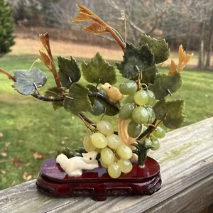 Jade Grape Bonsai Tree Sculpture Vine Marble Stone China Asia Squirrel And Bird - Picture 1 of 17