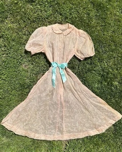 Vintage 1930s Embroidered Silk Organza Tea Dress W Mutton Sleeves - Picture 1 of 14