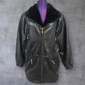 Vintage Pelle Black Leather Mid Length Coat Fur Trim Collar Size Small Women's - Picture 1 of 14