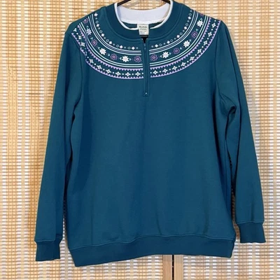 Suéter Blair Mujer L Verde Azulado Vellón Nórdico 1/4 Cremallera Floral Grannycore Cottagecore Foto 1 de 4