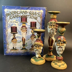 3 Woodland Santa Candlesticks Costco Christmas Candle Holder Farmhouse Set Lot - Picture 1 of 20