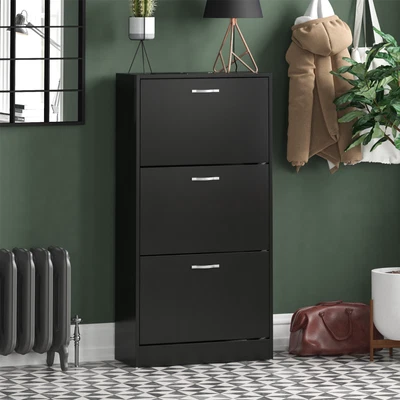 HOME DISCOUNT 3 Drawer Shoe Cabinet Storage Cupboard Footwear Stand Rack Wooden Unit Black New