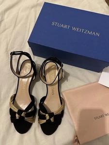 Stuart Weitzman Elvita 50 Sandal Suede Black Gold Size 40 - Picture 1 of 6