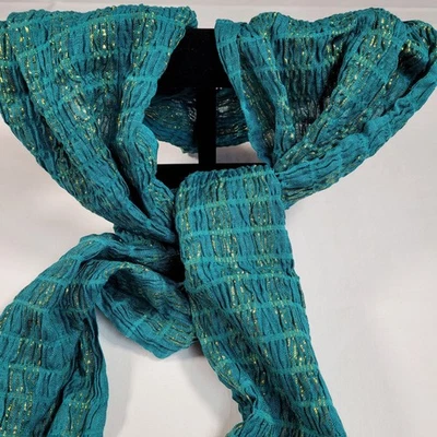 Women's Scarf Teal Blue with Gold Accents, Smocked, Rectangular, Winter Scarf - Image 1 of 4