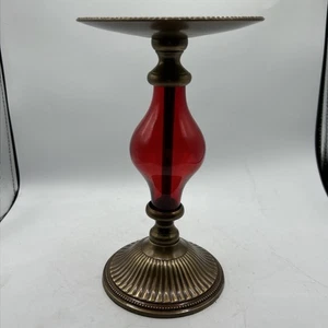 Vintage Midwest Messing rot mundgeblasen Glas flache Oberseite Kerzenständer Indien 8" - Bild 1 von 7