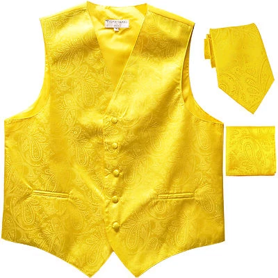 New Men's Formal Vest Tuxedo Waistcoat_necktie set paisley yellow wedding prom - Image 1 of 4