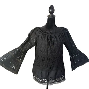 Ralph Lauren Black Eyelet Top Womens XS Flare Bell Sleeves Drawstring BOHO - Picture 1 of 11