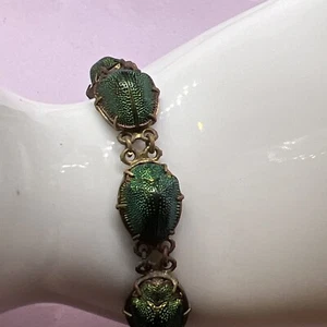 Bracciale antico Art Decò revival egiziano naturale vero scarabeo scarabeo 6,5" - Foto 1 di 11