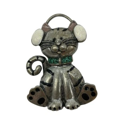 J8G Vintage Peltre Tono Plata Gato con Orejas Esmaltadas Rosa Brillo Manguitos y Pin de Cuello Foto 1 de 4