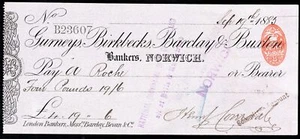 Gurneys, Birkbecks, Barclay & Buxton, Bankers, Norwich, used BEARER cheque, 1... - Picture 1 of 1