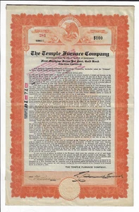PENNSYLVANIA 1923 The Temple Furnace Company Bond Stock Certificate Berks County - Picture 1 of 3