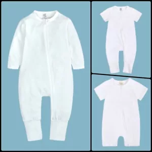3-Set BABY ROMPER-SLEEPER Long & Short Sleeve Double Zipper Cotton White 4sizes - Picture 1 of 24