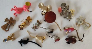 14 Vintage Pins Brooches Mouse Mice Gold Pink Red Enamel Wood Lot - Picture 1 of 13