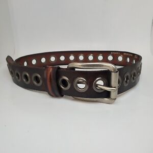 Y2K Fossil 85/34 Brown Leather Full Grain Cowhide Brass Grommet Belt