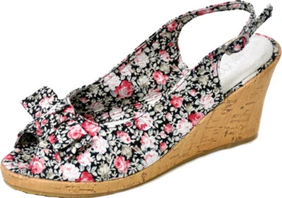 Retro ROSES Flower KORK Keilabsatz Pump WEDGES mit Schleife Rockabilly - Bild 1 von 4