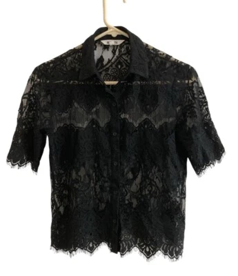 BB Dakota Shirt Small Black Lace Sheer Short Sleeve Button Floral Boho Grunge - Image 1 of 4