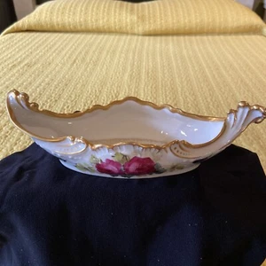 Limoges Jean Pouyat France Roses Mary Blanche Lenzi Heavy Gold 10" Canoe Dish - Picture 1 of 18