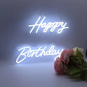 Happy Birthday Decoration Cold White Integrative Neon Sign 18X7.05 +13.3X6.2 in - Picture 1 of 10