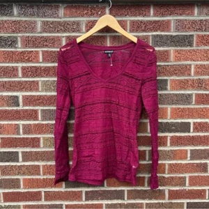 Express Magenta Floral Lace Stripe Like V Neck Long Sleeve Top - Picture 1 of 4