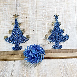 Blue Gold Glitter Christmas Ornament 3 Piece Lot Trees Swirl Holiday Decor - Picture 1 of 8
