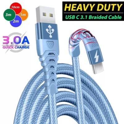 USB A to Type C Cable 6A 66W Fast Charger Braided Long Lead 0.25M 1M 2M 3M - Image 1 of 4