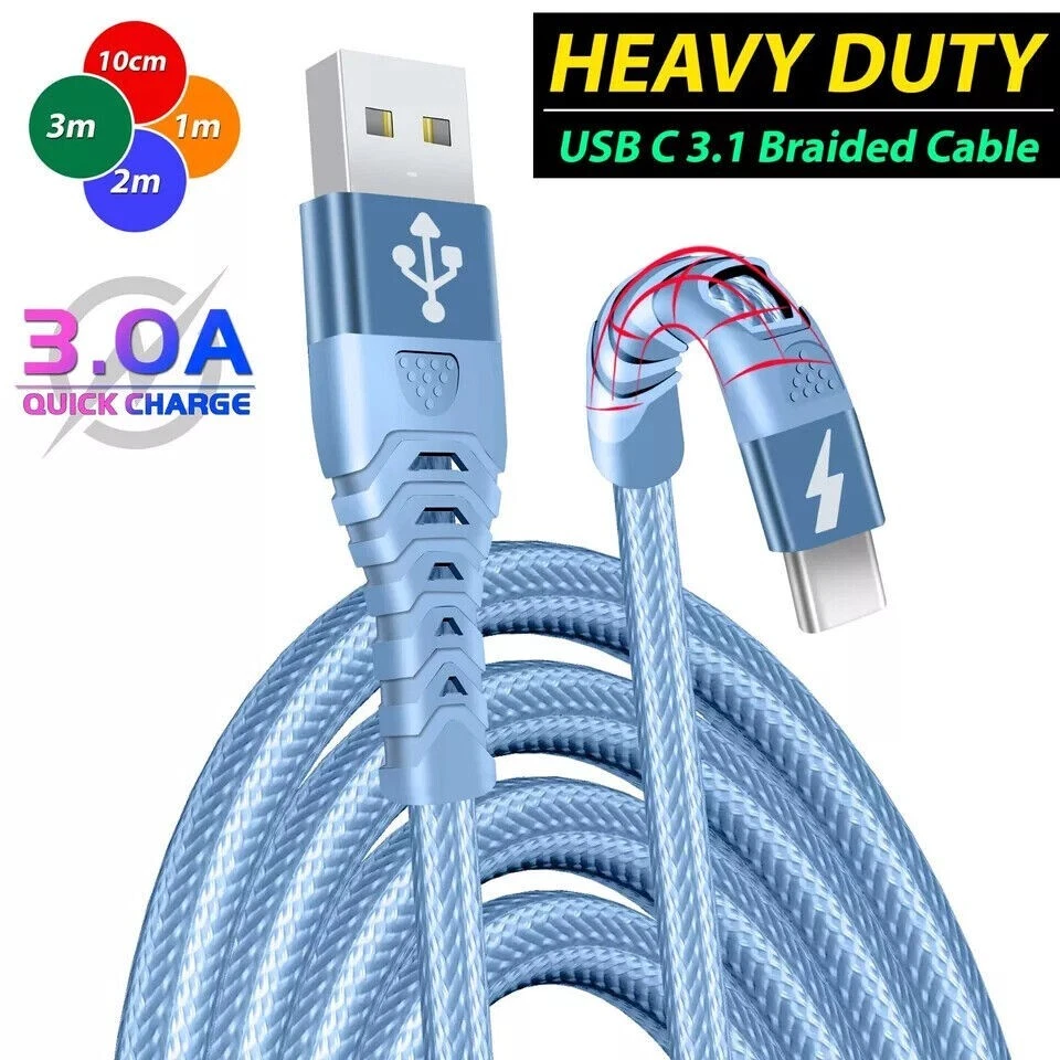 USB A to Type C Cable 6A 66W Fast Charger Braided Long Lead 0.25M 1M 2M 3M - Image 1 of 4