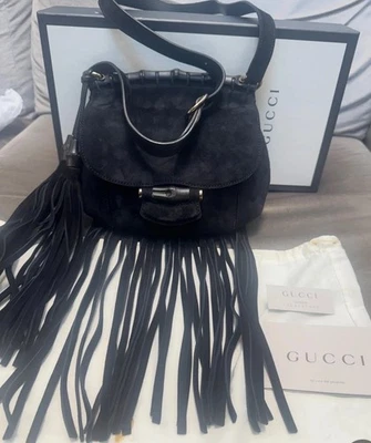 Gucci black suede fringe crossbody  handbag w bamboo details vintage collectible - Image 1 of 4