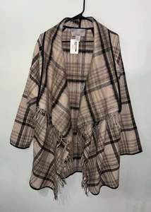 Tart Collections Women's Taupe Coat Combo Size Large NWT Wool Fringe Plaid - Picture 1 of 3