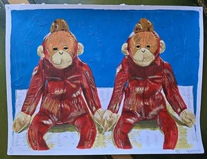 Einzigartiges Original Acryl Kunst Gemälde auf Papier 12" x 9" Paar 2 Affen - Bild 1 von 8