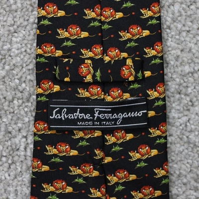 SALVATORE FERRAGAMO Lion AOP Necktie Mens Black 100% Silk All Over Print Tie - Image 1 of 4